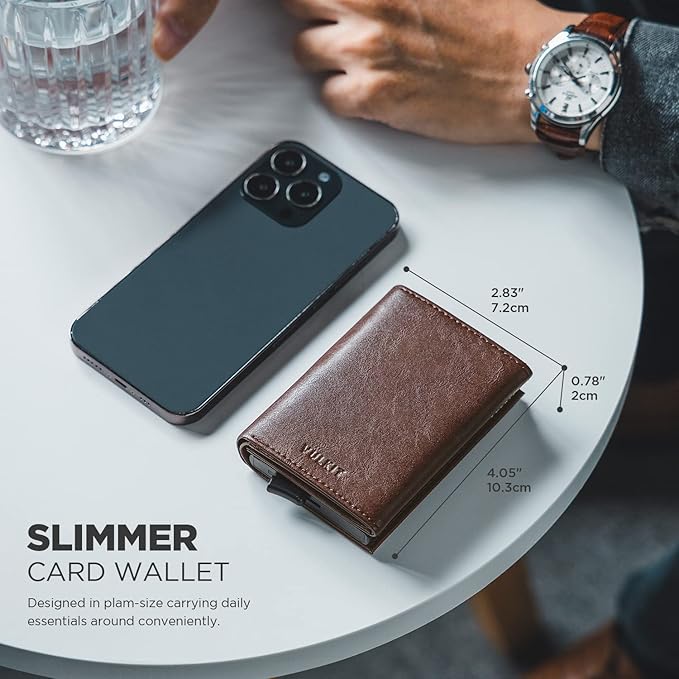 VULKIT Pop up Card Wallet Minimalist Cash Wallets RFID Blocking Leather Smart Credit Card Holder with ID window for Men(Espresso)