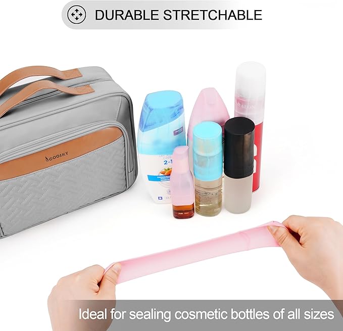 Travel Hanging Toiletry Bag for Women, Large Makeup Bag 8 Leak Proofing Silicone Bottle Covers, Waterproof Cosmetic Bag with Jewelry Organizer Compartment, Toiletries Kit Set, Grey
