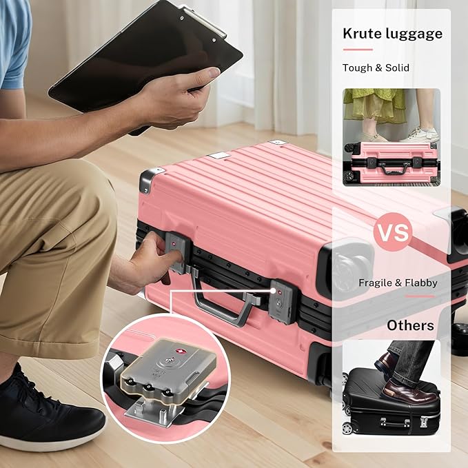Krute Aluminum Frame Carry On Luggage 20 Inch Zipperless Luggages USB Charger Hardside PC Suitcase With Spinner Wheels Airline Approved Hard Shell Suitcases with TSA Lock (1 Piece)