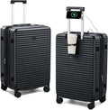 Hard Shell Suitcases Travel Expandable Luggage, 24 Inch Check in Luggage with Spinner Wheels Cup Holder Charger Built in, Checked Medium Suitcase Lightweight Suitcases, Black