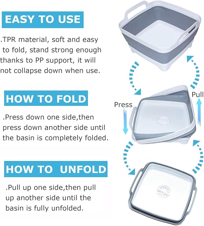 Collapsible Basin Bucket,9L Collapsible Dishpan with Drain Plug for Kitchen Sink,5L Portable Foldable Small Plastic Water Supplies for Outdoor Garden Camping Fishing Car Wash(Sets of 2)