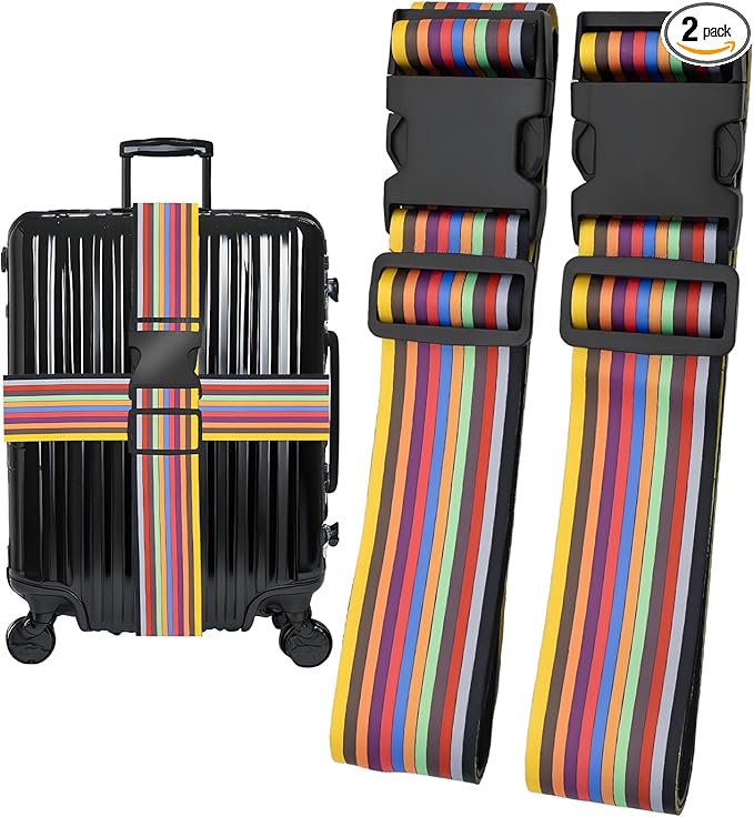 Stripes Luggage Straps for Suitcases, Adjustable Luggage Travel Belt to Keep Luggage Security While Travel, Strong Polyester Fabric, Easy-to-Recognize Stylish Pattern Travel Accessories, 2 Pack