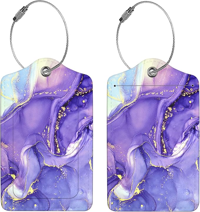 2 Pcs Luggage Tags for Suitcase, Cute Unique PU Leather Travel Bag Tag with Privacy Cover ID Label Address Card and Durable Metal Ring Suitable for Men Women Children Backpack,Purple Marble