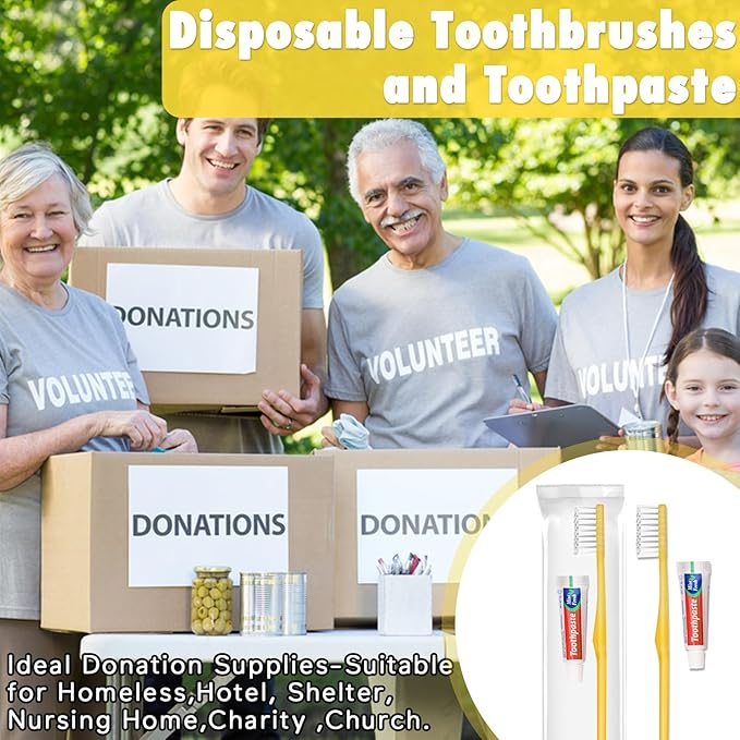 HOFASON Disposable Toothbrushes with Toothpaste Pack of 20, Yellow Hollow Travel Toothbrush Set with 5g Toothpaste Individually Wrapped Toothpaste Bulk for Homeless, Nursing Home, Shelter, Hotel
