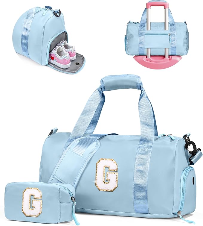 Gifts for 4 5 6 7 8 9 10 Year Old Girls-Girl Gym Bag with Shoe Compartment, Kid Personalized Weekender Overnight Bags, Initial Travel Tote with Makeup Pouch, Gift for Daughter (Letter G)