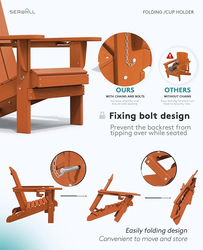 SERWALL Adirondack Chair with Cup Holders - Composite Adirondack Chairs Set of 8 HDPE Outdoor Chairs All Weather Use- Orange