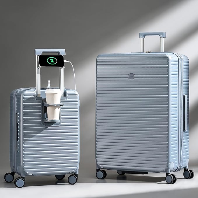 Hard Shell Suitcases 20 Inch Carry on Luggage Airline Approved, Expandable Travel Luggage with Cup Holder Charger Built in Lightweight Small Suitcase with Wheels, Interstellar Blue