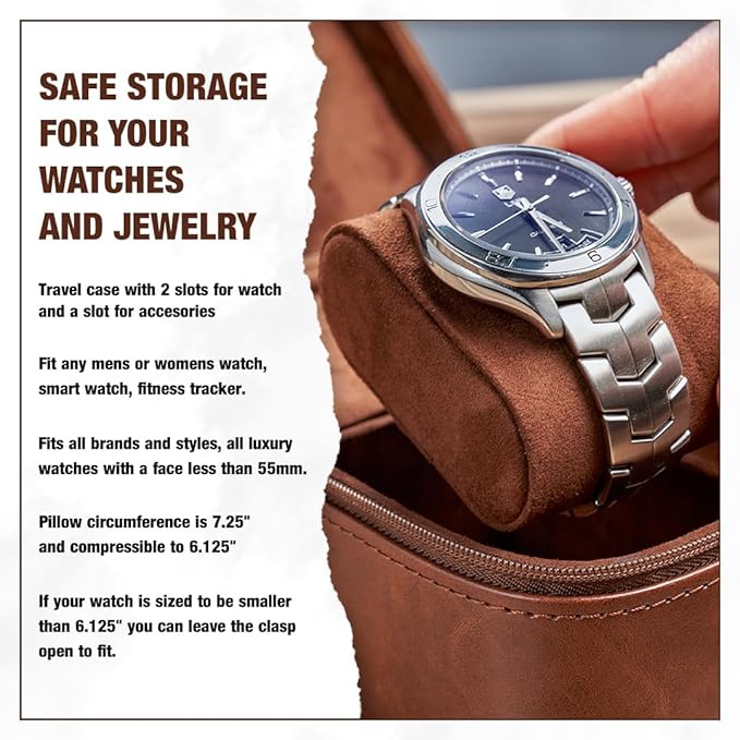 Awesometik Luxury Travel PU Leather Watch Case. Watch Storage Organizer. Watch Display & Watch Holder. Perfect For Watch Collection. Ready to Gift for Men (Brown/Brown, Engraved 2 Slot Watch Case)