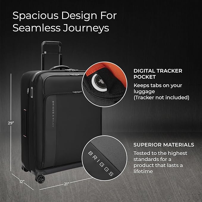 Briggs & Riley 29" Large Expandable Spinner - Checked Luggage for Travel, Suitcases with Wheels, Softside Rolling Bag for Men & Women - ZDX Collection, Black