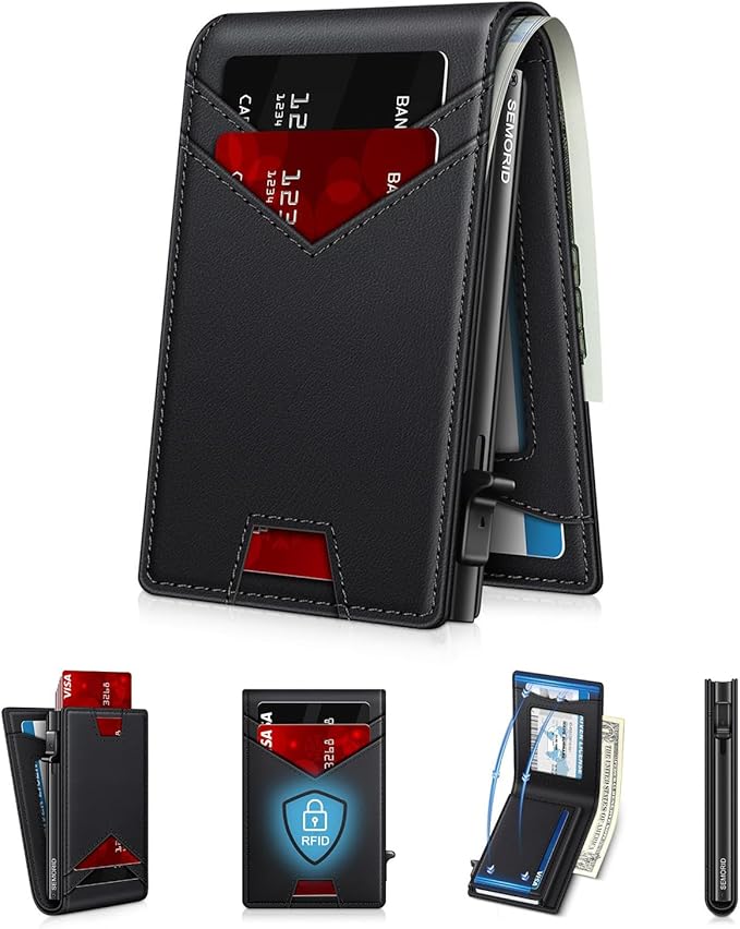Wallet for Men Wallet with Slim Pop Up Card Holder for 12-14 Cards, RFID Blocking Bifold Minimalist Smart Wallet, Credit Card Holder with ID Window & Cash Slot, Compact Metal Card Case, Gifts for Men