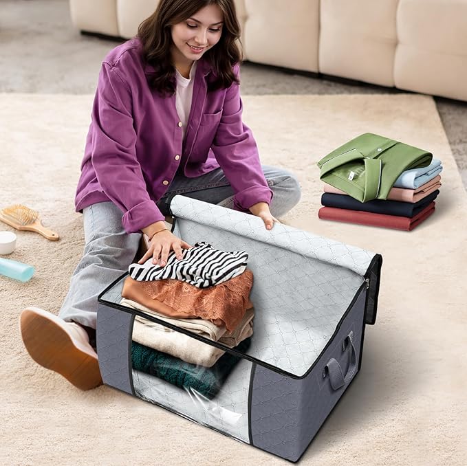 Fab totes 3-Pack Clothes Storage, Foldable Blanket Storage Bags, Containers for Organizing Bedroom, Closet, Clothing, Comforter, Organization with Lids and Handle, Grey