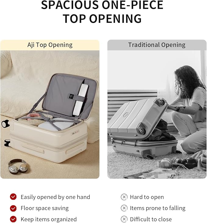 aji Expandable Top Opening Carry On Luggage Airline Approved, 20 Inch Lightweight Hardside Carry On Suitcase with Spinner Wheels, Travel Luggage with Laptop Compartment for Women Men, Coconut White