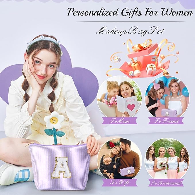 YOOLIFE Personalized Cute Purple Initial Cosmetic Makeup Pouch - Make Up Toiletry Bag for Her Mom Teacher Friend Girlfriend Wife Birthday Gifts
