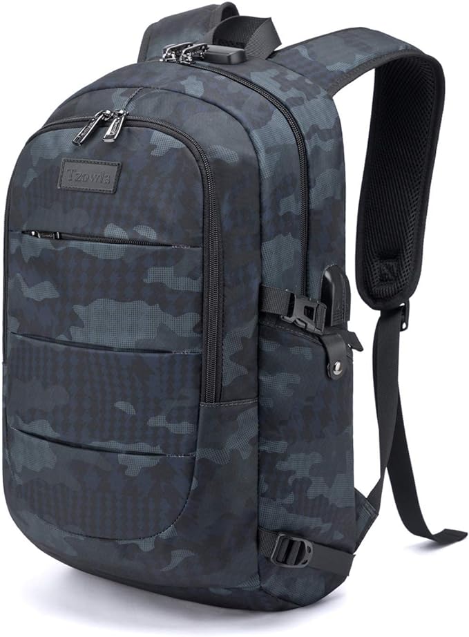 Tzowla Business Laptop Backpack Water Resistant Anti-Theft Backpack with USB Charging Port and Lock 15.6 Inch Computer Backpacks for Women Men, Casual Hiking Travel Daypack (Navy Blue Camo)
