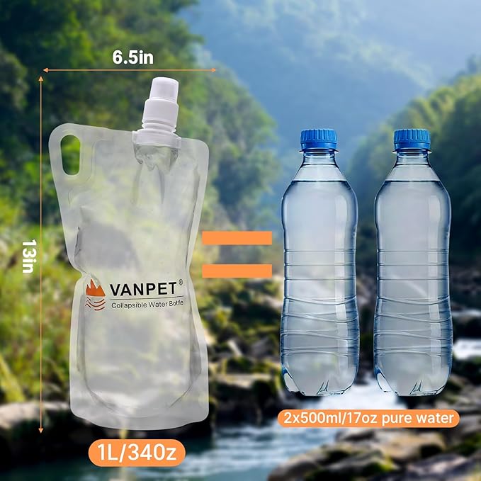1L Hiking Collapsible Water Bottles, 33OZ BPA-Free Plastic Flasks, Reusable Drink Bags, Foldable Backpacking Water Bottle for Travel Camping Hiking (6-Pack)