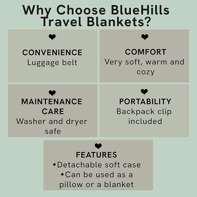 BlueHills Travel Blanket Pillow Rolled Premium Soft Plush Airplane Throw Traveling Accessories Gifts Compact in a Bag 70 X 48 inches Long Plane Flight Portable Lightweight Black R05