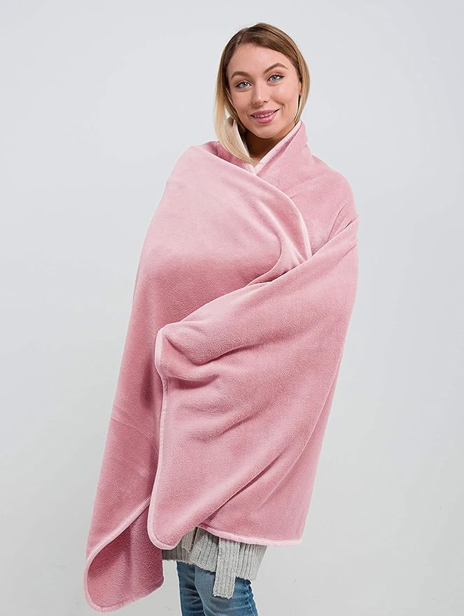 BlueHills Travel Blanket Pillow Rolled Premium Soft Plush Airplane Throw Traveling Gifts Compact in a Bag 70 X 48 inches Long Plane Flight Portable Lightweight Pink R02