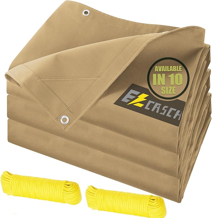 10’x12’ Canvas Tarps Heavy Duty Waterproof Tarpaulins with Aluminum Grommets,UV Resistant, 22Mil Multipurpose Drop Cloth, 14oz Cover Sheet for Outdoor and Indoor Use with Ropes Yellow