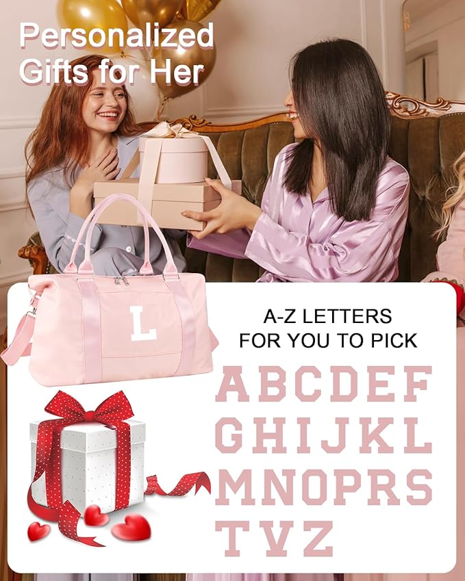 Initial Travel Duffel Bag Sports Gym Bag for Girls Teen Birthday Gifts,Pink Personalized Weekender Bag Carry On Tote Bags for Women Men,Waterproof Overnight Luggage Bag with Trolley Sleeve(Letter L)