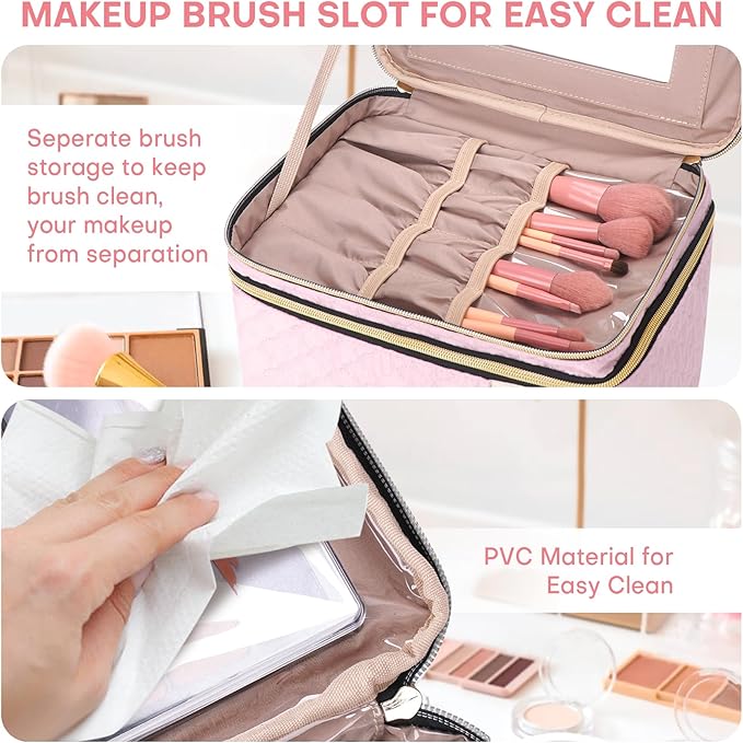 Double Layer Travel Makeup Bag Women, Cosmetic Organizer Case, Travel Essentials Accessories with Shoulder Strap for Bottles, Brushes, Conditioner, Skin Care Products, Pink