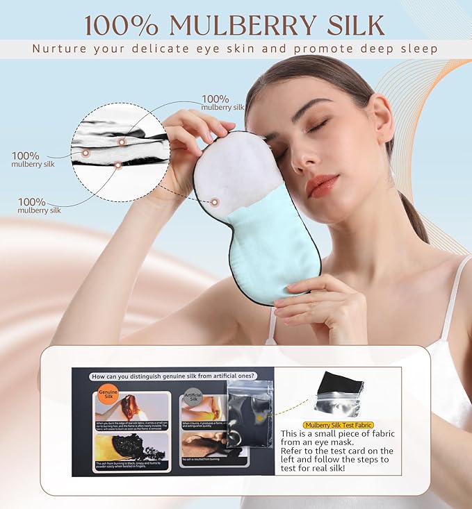 HiRui Silk Sleep Mask, 100% Natural Mulberry Silk of Double-Sided & Inner-Filling, Ultra-Smooth Soft, Adjustable Strap, Blocks Light for Night Sleeping, Travel, Office Naps (Light Blue)