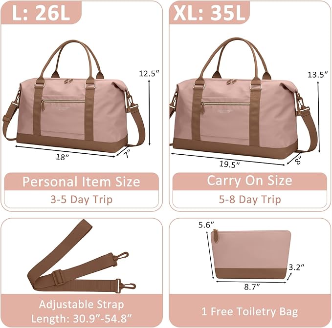 Travel Duffle Bag for Women, Weekender Bags, Hospital Bag for Labor Delivery, Lightweight Tote Duffel Overnight Bag with Luggage Sleeve, Airplane Travel Bags with Toiletry Bag, Large, Pink