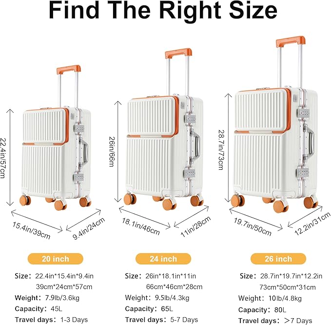 2-Piece Hardshell Zipperless Luggage Set, 20/26" Aluminum Frame Hardshell Spinner Luggage, Airline Approved Carry-On Luggage, TSA Lock, 360° Quiet Wheels With Cup Holder (orange)