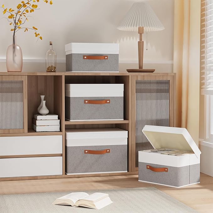 Fabric Storage Bins with Lids, 1 Pack Linen Foldable Cloth Baskets, 15 x 9.8 x 9.8 Inch Closet Organizer Containers with Double Handles, Sweater Boxes for Bedroom, White and Grey