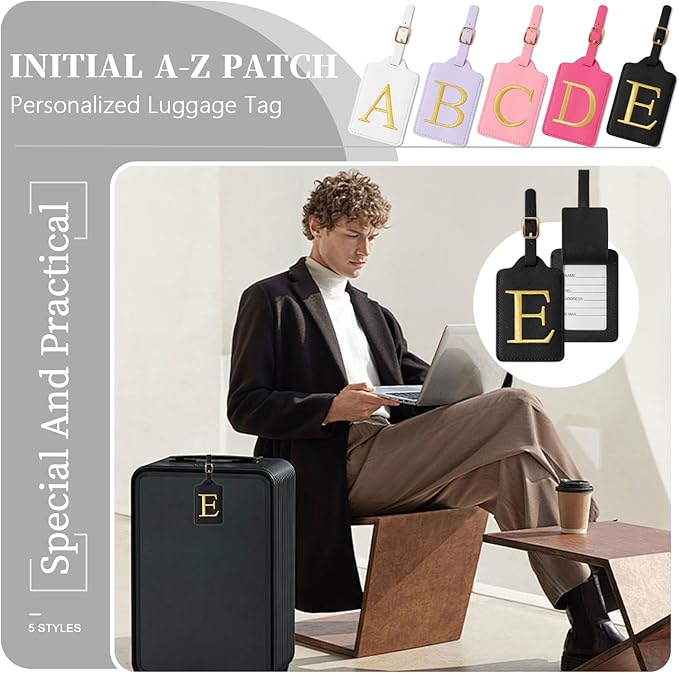 Personalized Initial Luggage Tags for Suitcase TSA Approved, Black Leather Cute Luggage Tag with Privacy Cover Name Card, Embroidered Custom Luggage Tags Travel Backpack Tags Gifts for Women Kids(E)