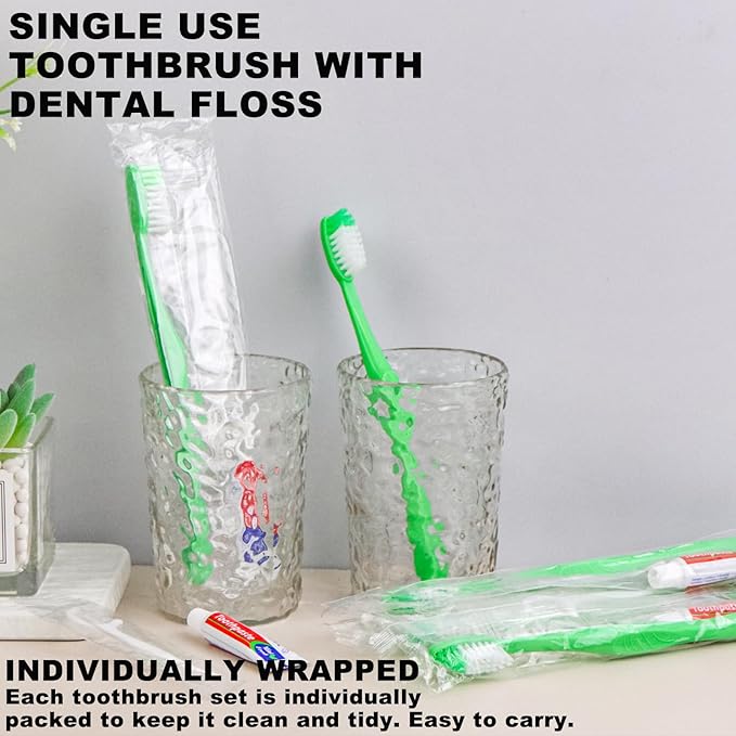 Disposable Toothbrushes with Toothpaste and Floss,10Pcs Green Single Use Individually Wrapped Disposable Travel Toothbrushes and Dental Floss Kit Bulk for Homeless,Airbnb,Hotel,Dentist