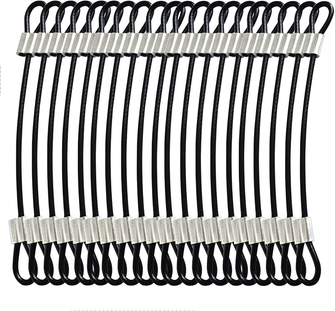 20 pcs 6 inch (15cm) 3mm Thickness Stainless Steel Wire Cable with Loops Vinyl Cover Coated Short Rope Lanyard Lock Safety Tether Chains, Black