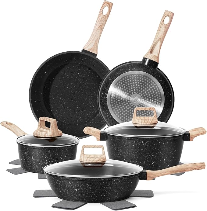 12 Pcs Pots and Pans Set, Nonstick Cookware Sets Black Granite Induction Cookware, Non-toxic Healthy Non Stick Kitchen Cooking Set with Frying Pans Set, Saucepans,Steamer (PFAS, PFOA, PFOS Free)