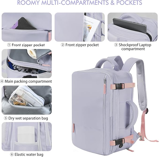 Beraliy Travel Backpack for Women, Airline Approved Backpack, Carry On Backpack,17.3 Inch Laptop Backpack,Personal Item Bag for College Weekender Business Hiking, Purple