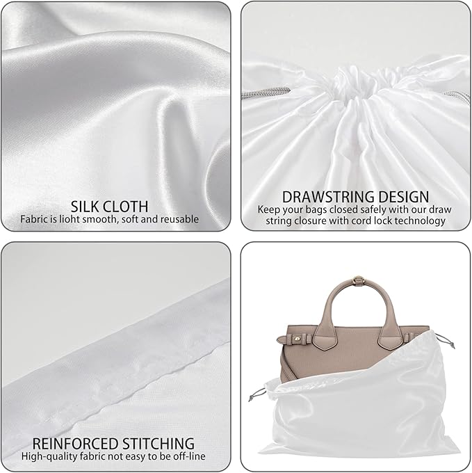 6 Pack Dust Bags for Handbags Silk Dust Cover Bag for Handbags Purses Shoes Boots, Silk Dustproof Drawstring Bag Travel Storage Pouch (White, 19.6 × 15.7 in)