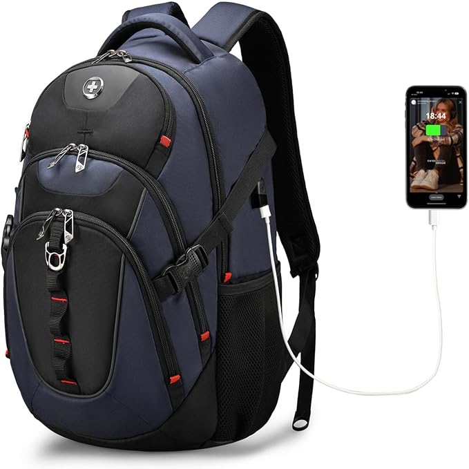 Swissdigital Design Laptop Backpack with USB Charging Port, TSA Travel Backpack Fits 15.6 inches Computer, 31L College School Backpack for Men, Blue/Black | SD803