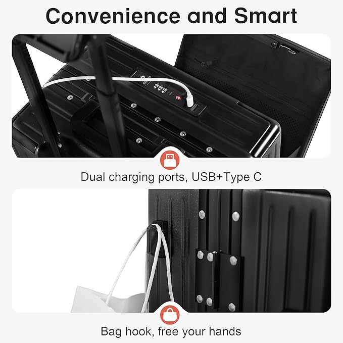 Carry On Luggage 20 Inch, Aluminum Frame Zipperless Luggage, ABS+PC Hard Shell Suitcases, Carry On with Compartment for Short Trips, Suitcase Carry-on TSA Approved (Black)
