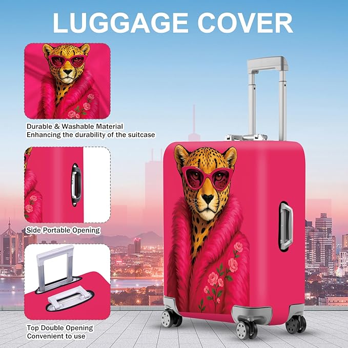 ANNA QUEEN Fashionable Leopard Luggage Cover, Leopard in Pink Coat and Sunglasses, Stretchable, Washable Travel Sleeve for 20-22 Inch Luggage