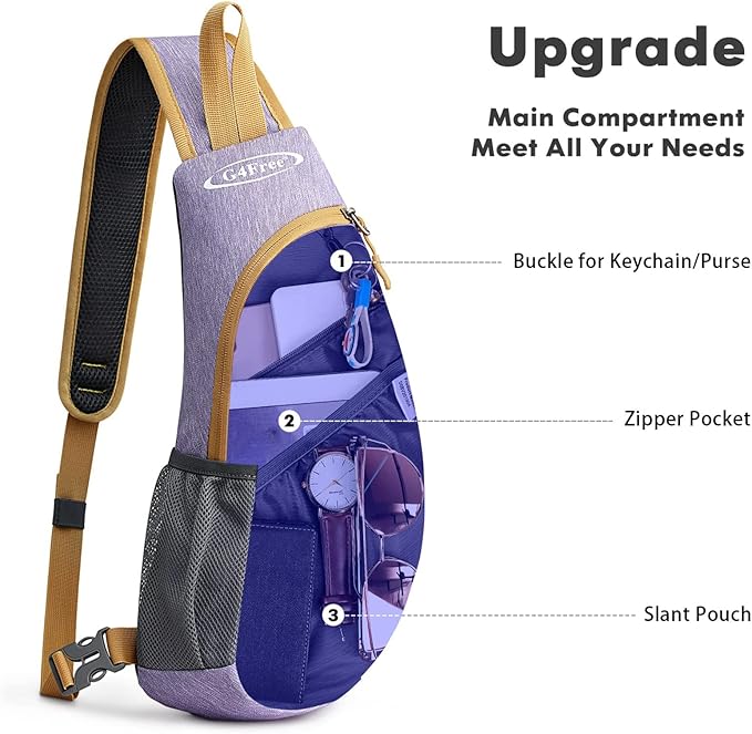 G4Free Sling Bag for Men Women, Small Crossbody Backpack Lightweight Chest Shoulder Bags for Travel, Outdoor and Sports (Light purple)