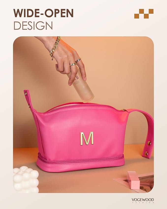 Appreciation Gifts for Women, Personalized Makeup Bag with Handle, Initial Double Layer Cosmetic Bag with Makeup Brush Organizer, Cute Cosmetic Pouch for Women, Maid Of Honor Gifts