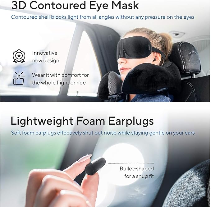 Travel Blanket Luxury Travel Set - Ergonomic Airplane Neck Pillow 100% Pure Memory Foam and Super Soft Fleece Blanket - Premium 3D Sleep Mask & Earplugs - Ultimate 4-in-1 Traveling Kit Black