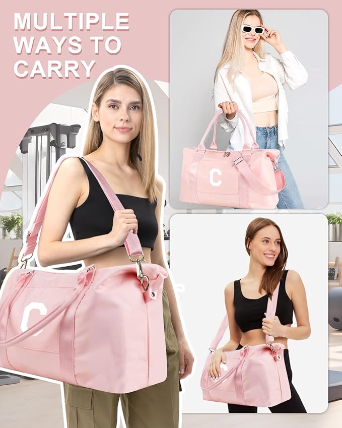 Initial Travel Duffel Bag Sports Gym Bag for Girls Teen Birthday Gifts,Pink Personalized Weekender Bag Carry On Tote Bags for Women Men,Waterproof Overnight Luggage Bag with Trolley Sleeve(Letter C)
