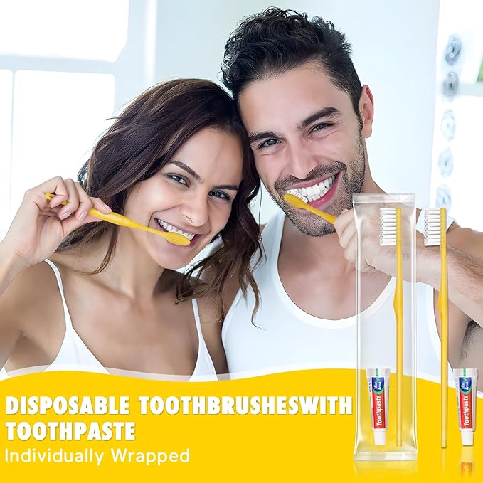 HOFASON Disposable Toothbrushes with Toothpaste Pack of 100, Yellow Hollow Travel Toothbrush Set with 5g Toothpaste Individually Wrapped Toothpaste Bulk for Homeless, Nursing Home, Shelter, Hotel