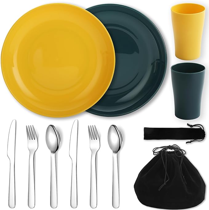 Evanda Camping Cutlery Set, Reusable Light Weight Mug, Plate and Stainless Steel Cutlery Set with Black Bag, Dishwasher Safe
