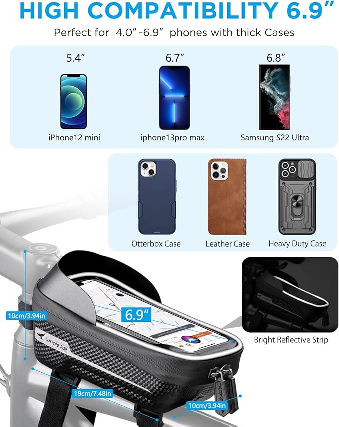 whale fall Hard Casing Bike Bag, Bike Accessories for Adult Bikes, Gifts for Men, Mens Gifts for Birthday,Bicycle Enthusiasts,Sturdy/Lighter/Waterproof, 4” - 6.9” Cellphone, Black-Reflective Strip