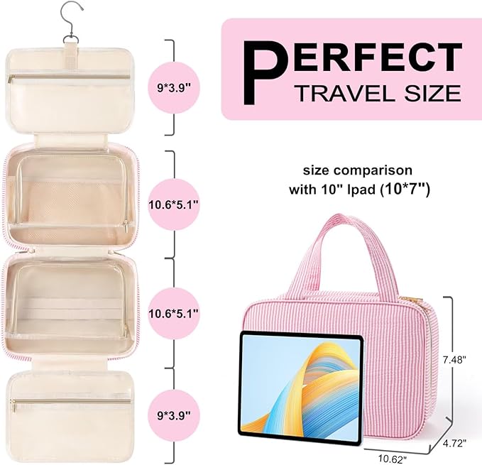 TOPEAST Hanging Toiletry Bag for Women - Travel Toiletry Bag Makeup Bag, Portable Toiletries Cosmetic Bag, Airplane Travel Essentials - Letter W, Pink