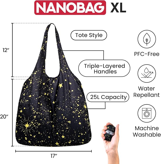 Nanobag Ultra-Lightweight Heavy Duty Foldable Tote for Women & Men, Reusable Grocery & Travel Bag, Packable Collapsible Compact Market Essential (XL Black)