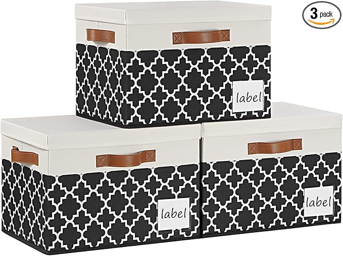 Large Storage Bins with Lids, Foldable Fabric Storage Baskets with Lids, Sturdy Storage Boxes with Labels and 3 PU Handles for Closet Home Bedroom Office (26L, 3 Packs, Black Plaid&White)