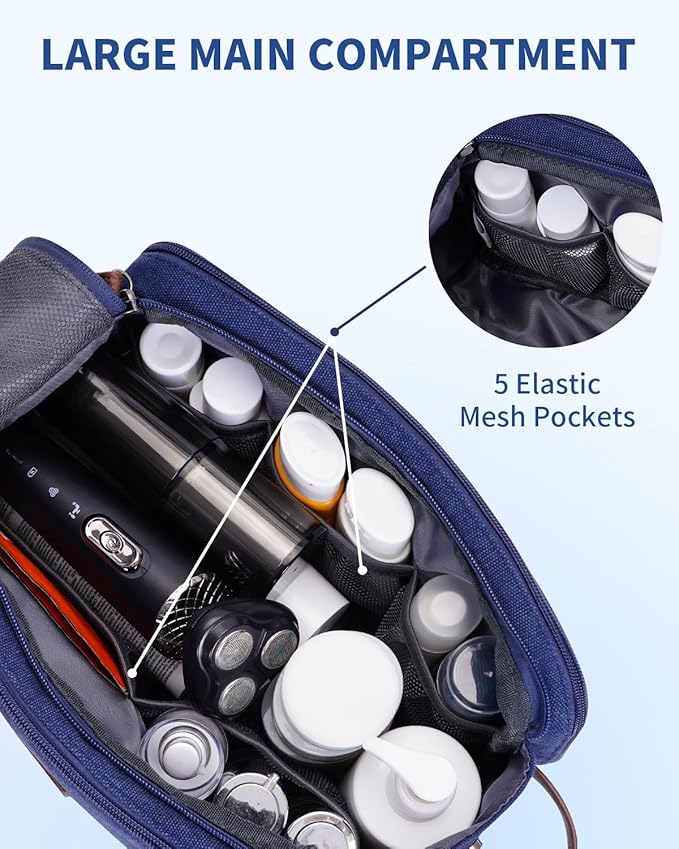 WANDF Toiletry Bag for Men Travel Toiletry Organizer Canvas and Leather Dopp Kit Water-Resistant Shaving Bag for Travel Accessories (Blue, Large)