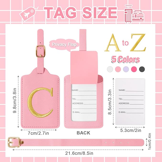 Personalized Initial Luggage Tags for Suitcase, Pink Leather Cute Luggage Tags with Privacy Cover Name Card, Embroidered Custom Monogrammed Luggage Tag Travel Bag Baggage Tags Gifts for Women Kids(C)