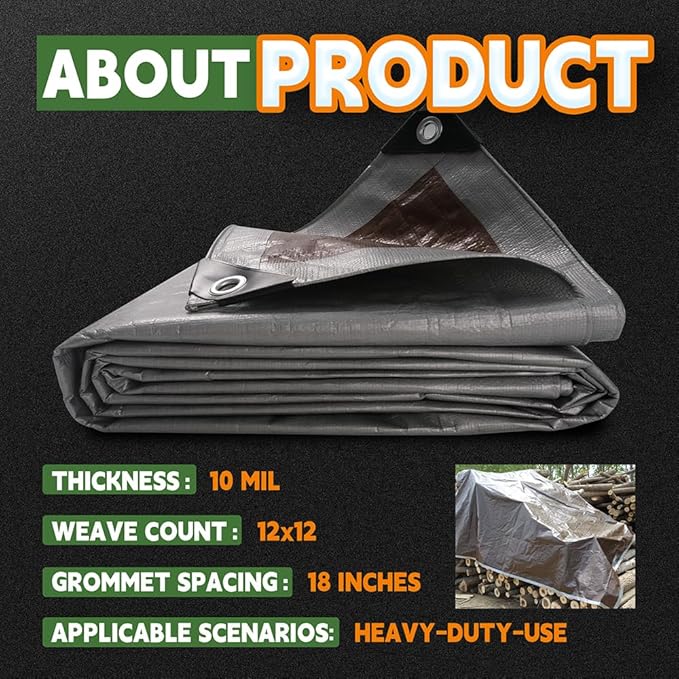 RAINDEWAY Tarps Heavy Duty Waterproof 30x30 Feet, 10 Mil Thick Multipurpose UV Resistance Large Tarp Cover with Metal Grommets and Reinforced Edges, Silver/Brown Tarp